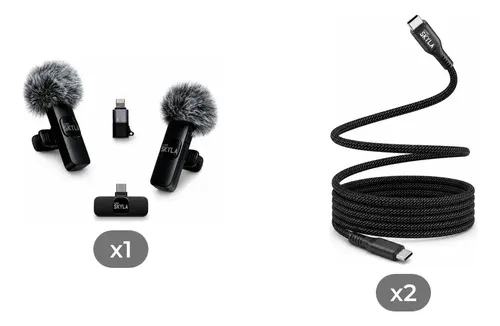 Microfono Corbatero Inalambrico Usb Tipo C Y Lightning + 2 Cables Usb-c Mallados 60w 1m Negro