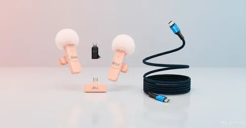 Kit Micrófono Corbatero Inalámbrico Rosa Tipo C Y Lightning + 2 Cables Usb-c Mallados 60w 1m Azules