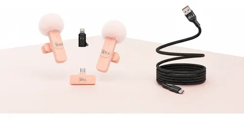 Kit Micrófono Corbatero Inalámbrico Rosa Tipo C Y Lightning + 2 Cables Usb-a A Usb-c Mallados 60w 1m Negro