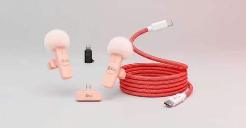 Combo Micrófonos Corbateros Inalámbricos Rosa Tipo C Y Lightning + 2 Cables Usb-c A Usb-c 2m Rojo Corp Skyla