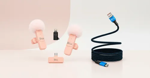 Kit Tech: Micrófono Corbatero Inalámbrico Rosa Tipo C Y Lightning + 2 Cables Usb-a A Usb-c Mallados 60w 1m Azul
