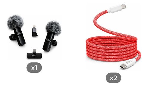 Kit Micrófono Corbatero Inalámbrico Tipo C Y Lightning + 2 Cables Carga Rápida 2m Rojo