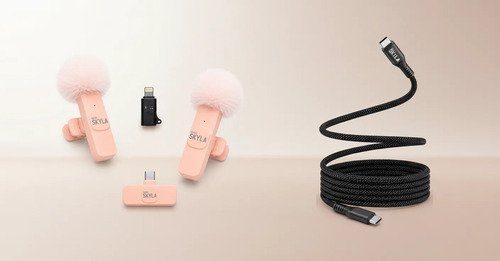 Kit Micrófono Corbatero Inalámbrico Rosa Tipo C Y Lightning + 2 Cables Usb-c Mallados 60w 1m Negros