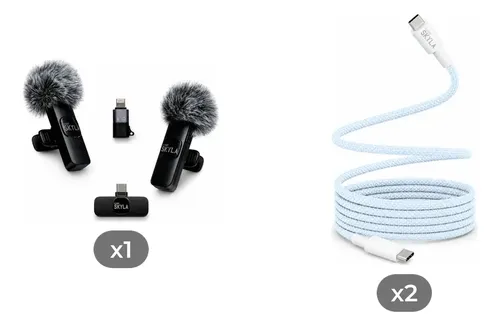 Kit Micrófono Corbatero Inalámbrico Tipo C Y Lightning + 2 Cables Carga Rápida Tipo C 2m Azul